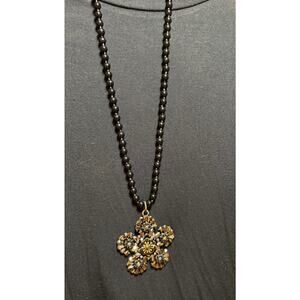 Y55 Rose Gold Colored Flower on long black bead necklace
